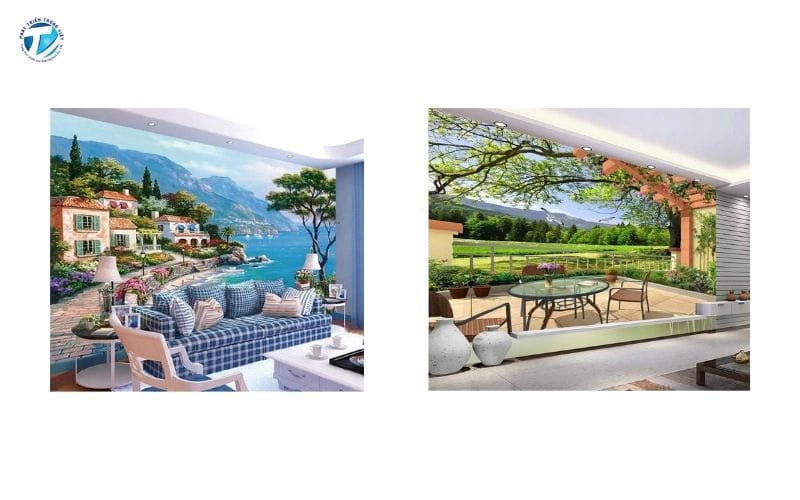 Tranh 3D phòng khách phong cảnh thiên nhiên